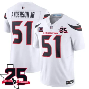 Houston Texans #51 Will Anderson Jr White 2026 With 25th Anniversary Patch And 4-Star C Patch F.U.S.E. Vapor Limited Jersey